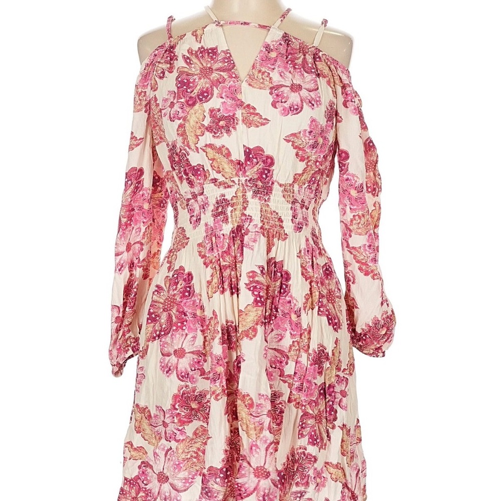 Floral Cold-Shoulder Mini Dress in Cream and Pink